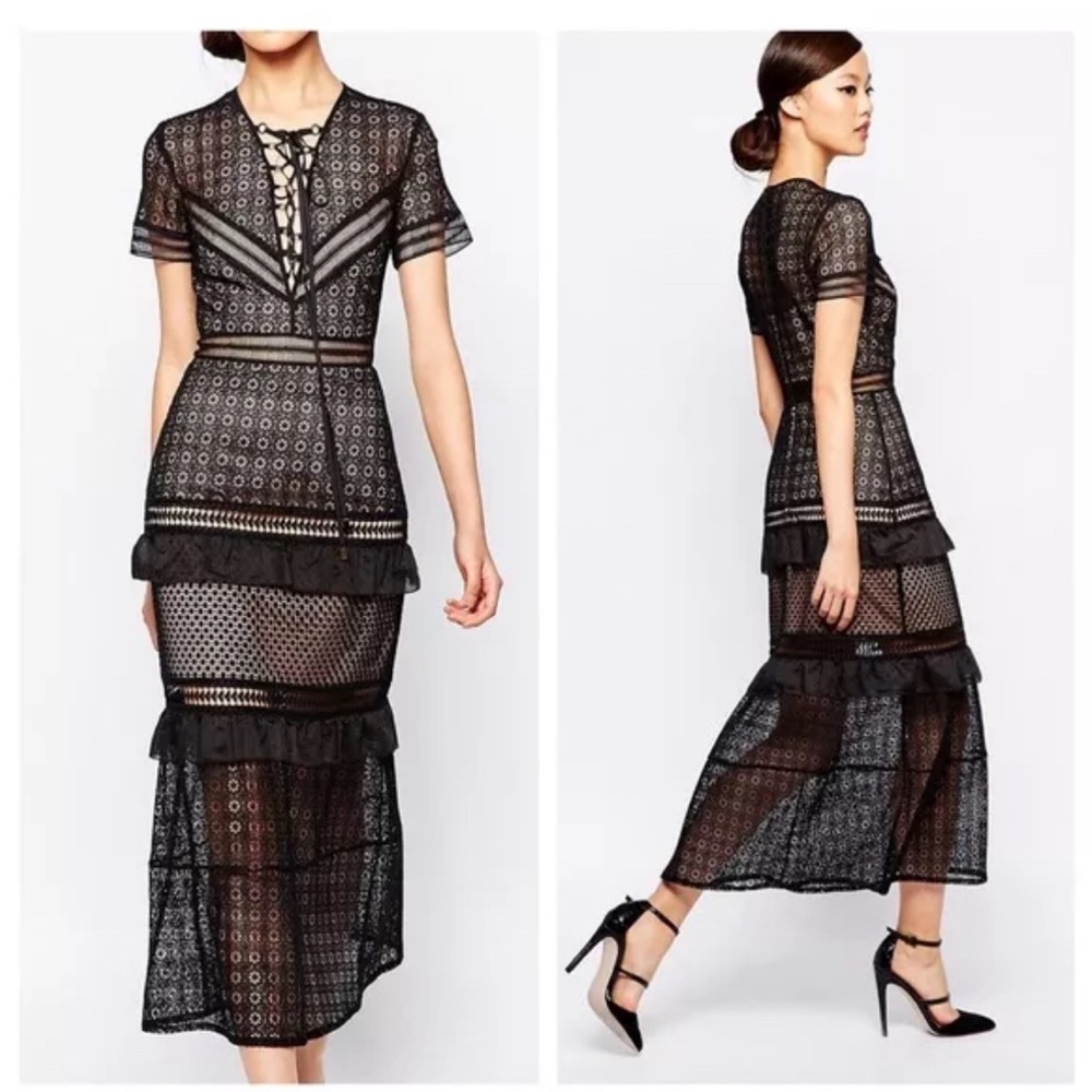 NWT SELF-PORTRAIT Lace-Up Peplum Midi Dress - Black - UK 6/US 2, New